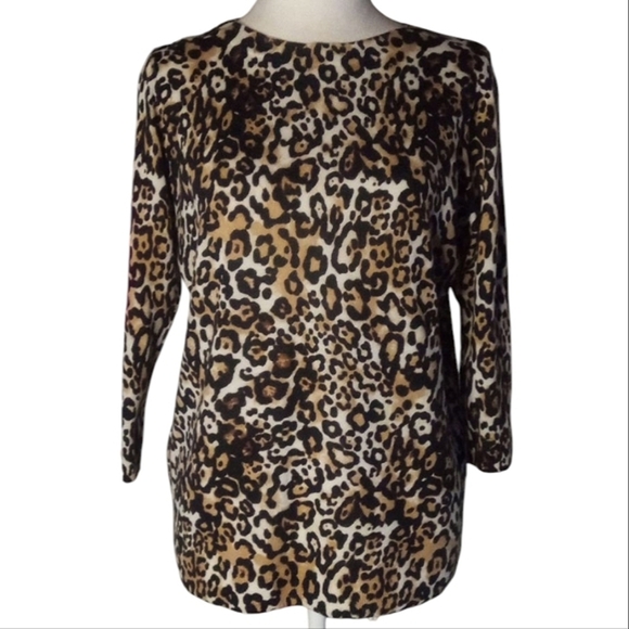 Talbots Leopard Print Audrey Extra Fine Merino Wool Crew Neck Sweater Size X 12P - Picture 2 of 8